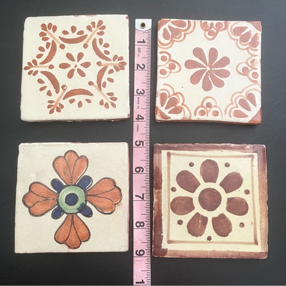 Mexican Hand Painted Terra-Cotta Talavera Vintage Tiles Set of 4 - Picture 3 of 13